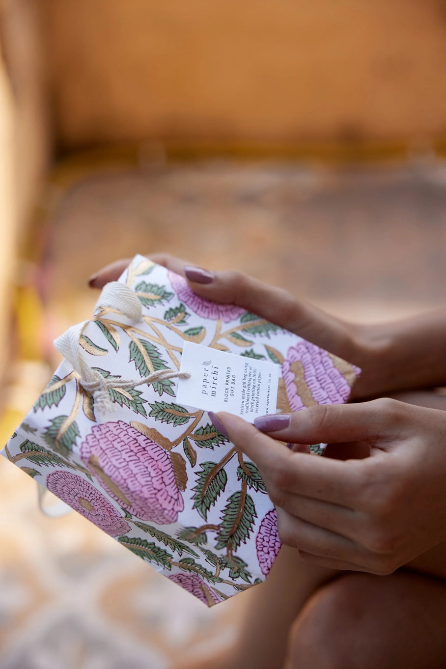 Small Hand Block Printed Gift Bag in Blush By Paper Mirchi