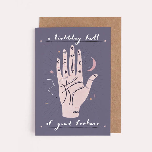 llustrated palmistry birthday card with a birthday full of good fortune' hand lettering.  Birthday card with 100% recycled kraft envelope. Blank inside