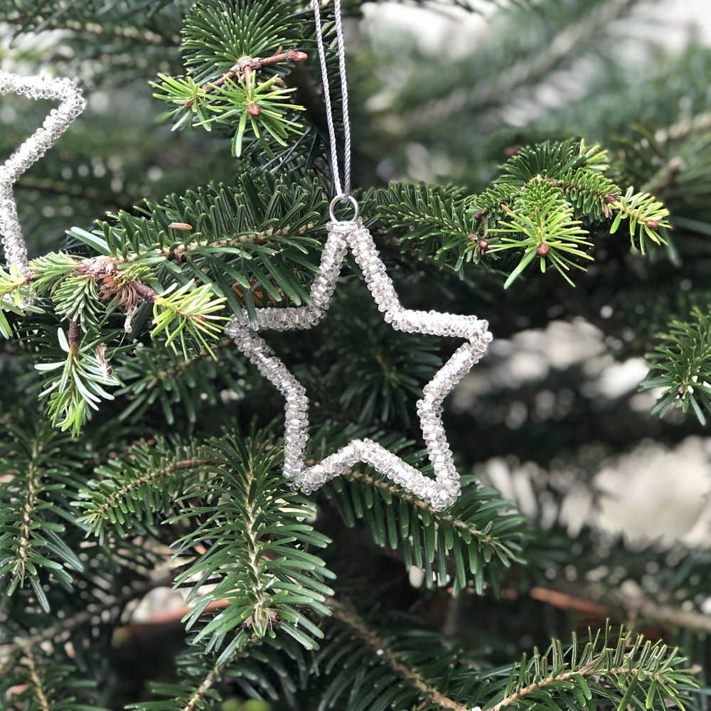 Silver Glass Beaded Star Christmas Decoration