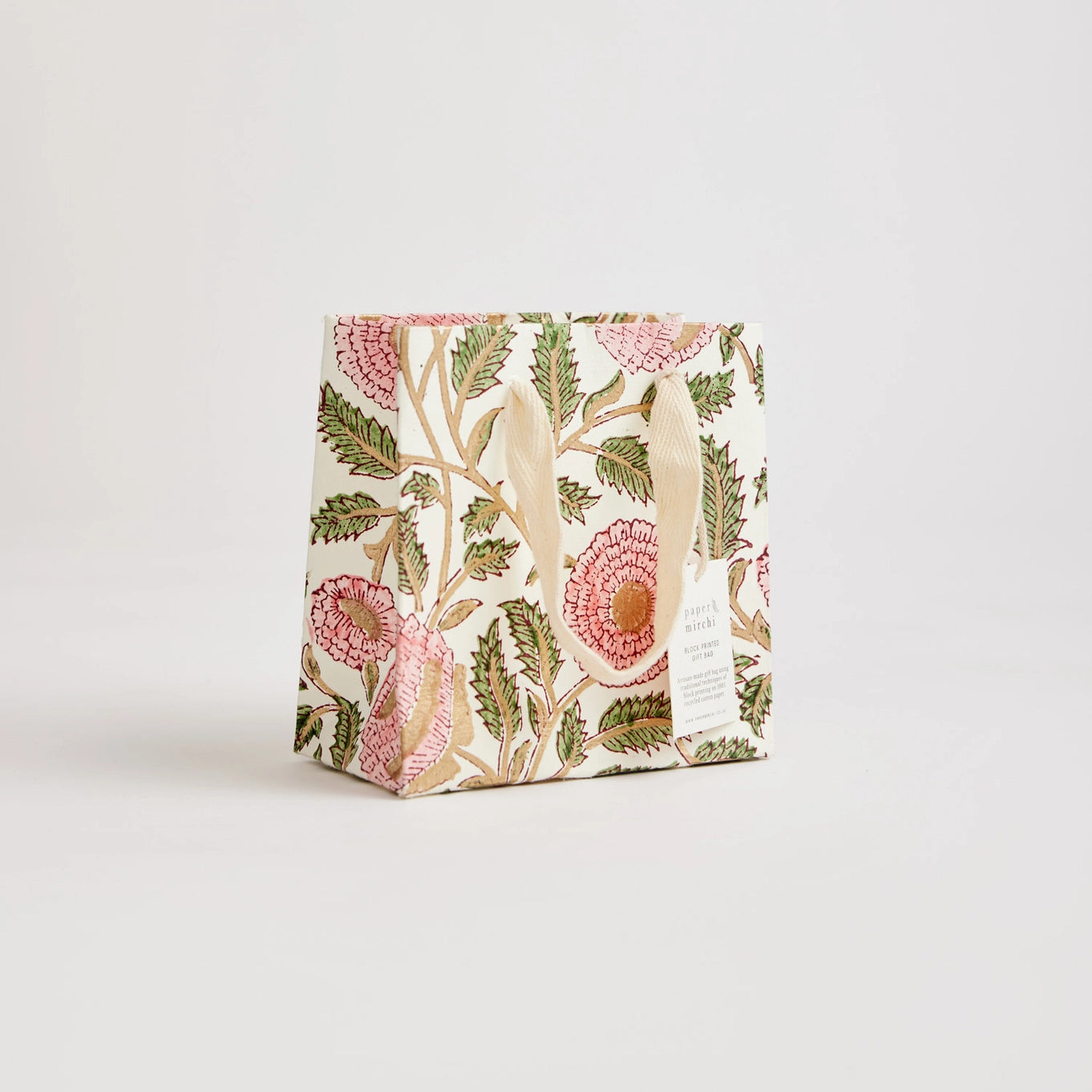Small Hand Block Printed Gift Bag in Blush By Paper Mirchi