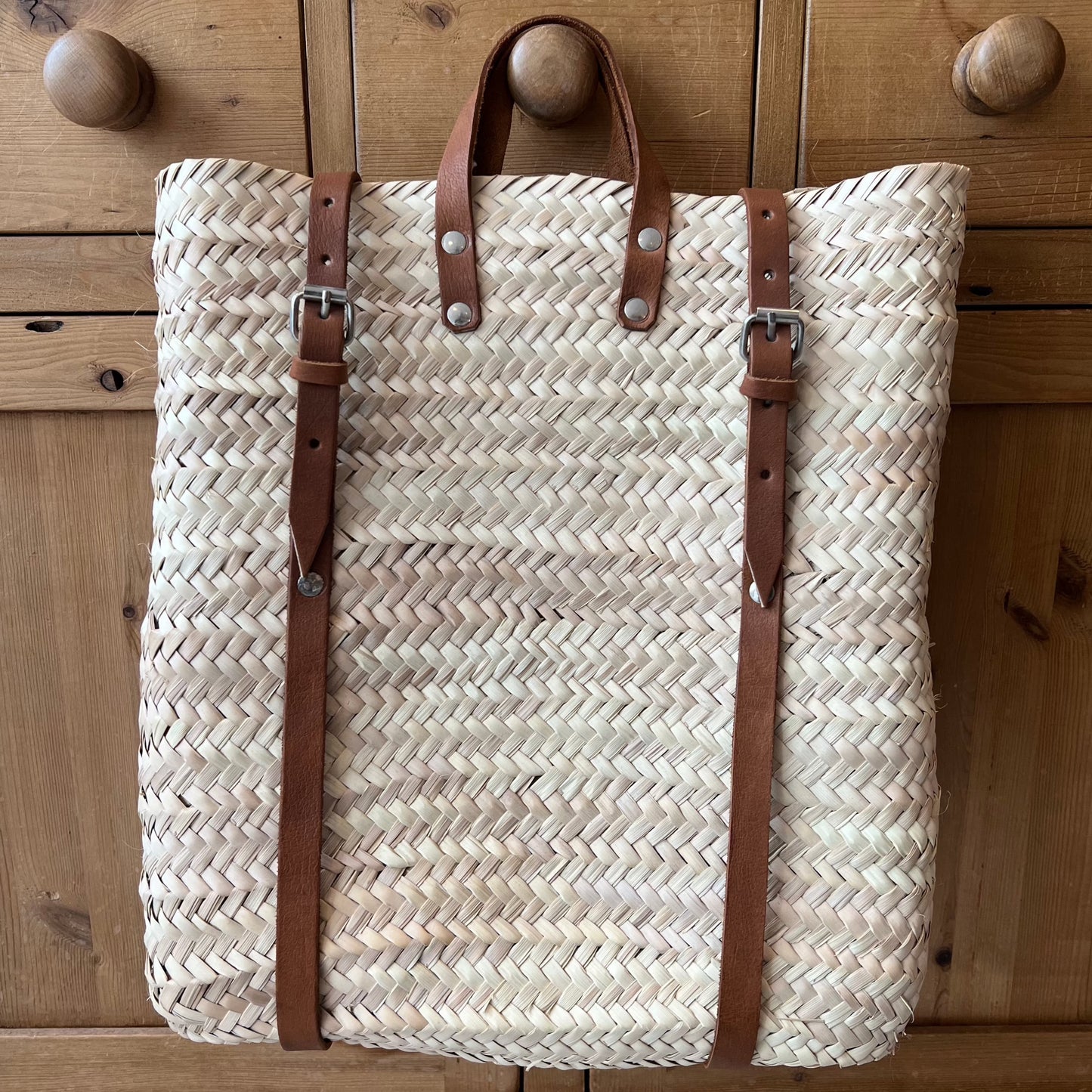 Moroccan Palm Leaf Satchel With Brown Leather Straps