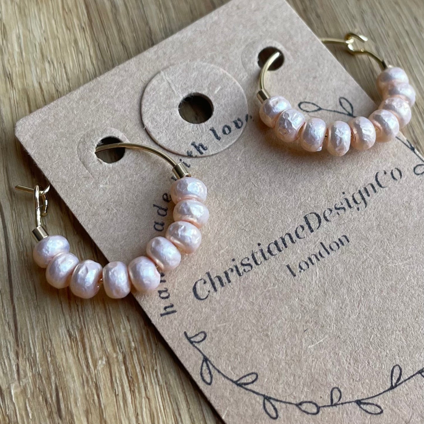 Medium Gold Plated Hoop Earrings with Rose Pink Pearl Style Glass Bead