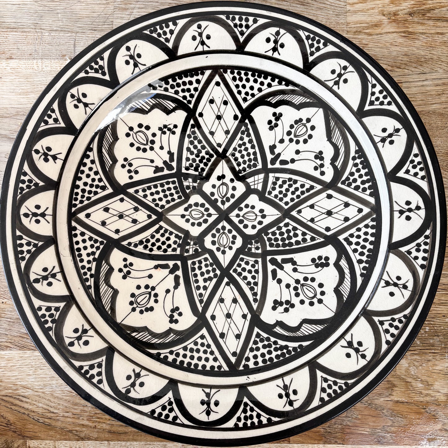 Extra Large Moroccan "Zwak" Ceramic Plate Black & White Imperfect (No. 2)