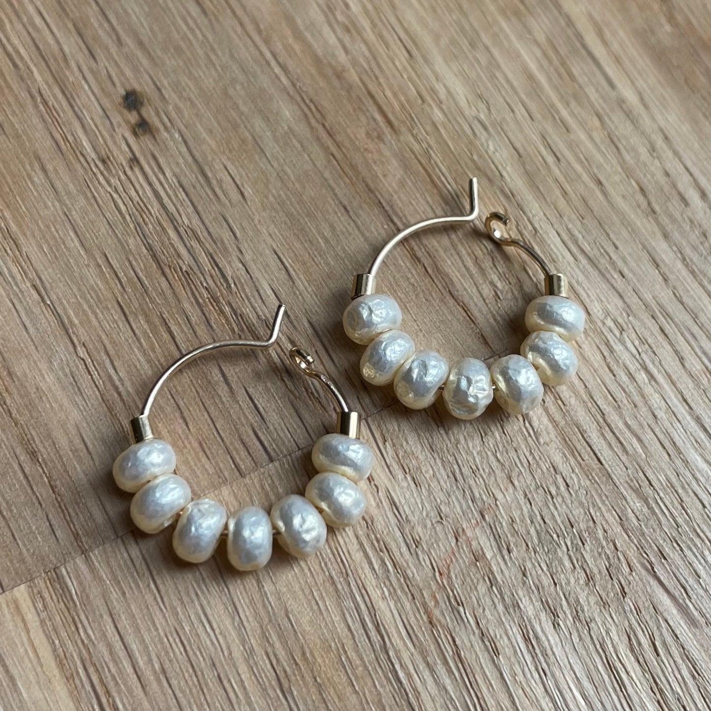 Mini Gold Filled Hoops Earrings with Pearl Style Glass Beads