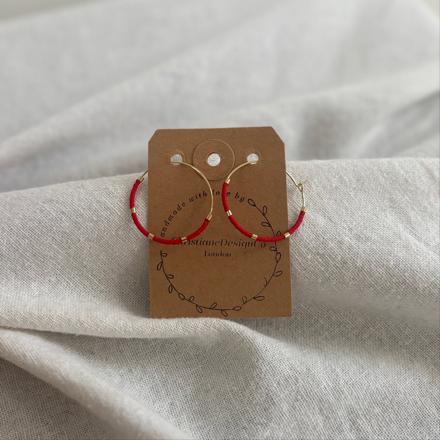 Large Gold Plated Hoop Earrings with Red Miyuki Glass Beads