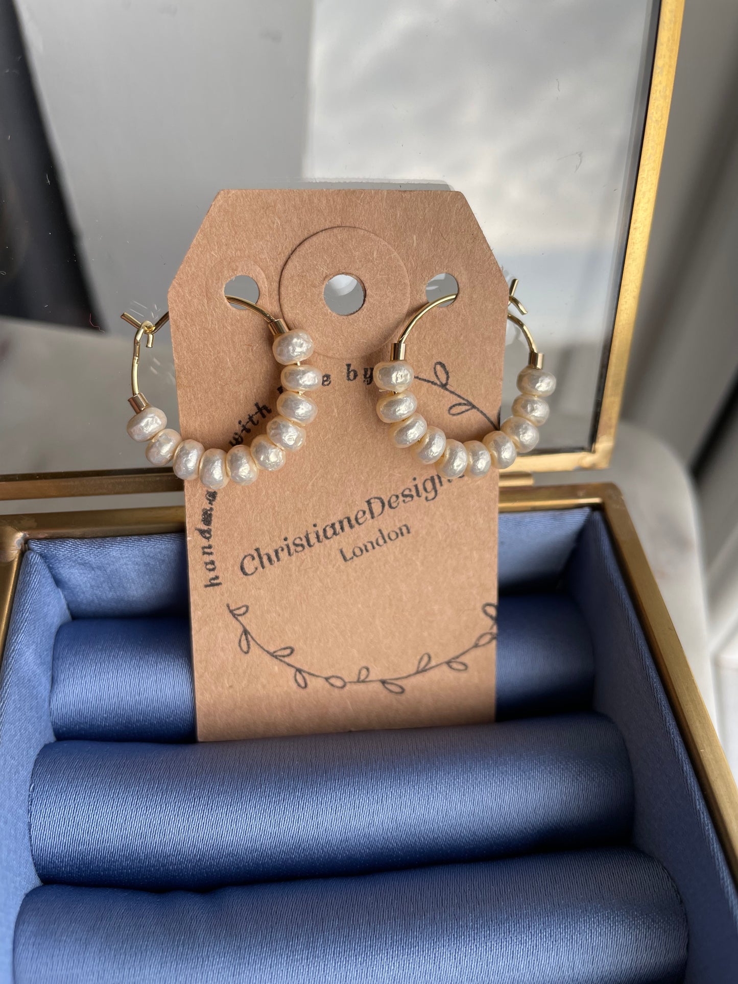 Medium Gold Plated Hoop Earrings with Pearl Style Glass Beads