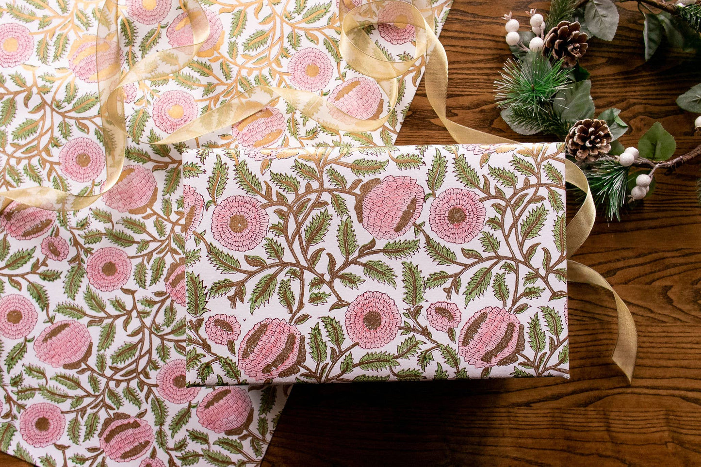 Hand Block Printed Gift Wrap Sheets - Marigold Glitz Blush By Paper Mirchi