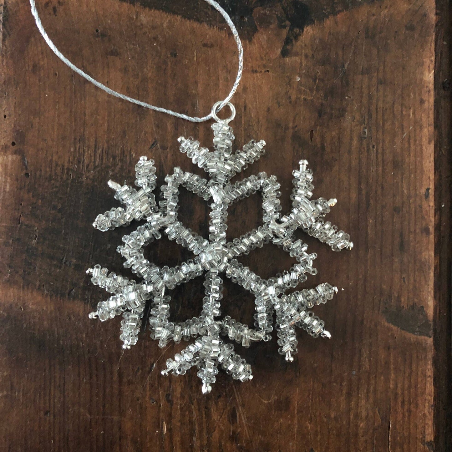 Silver Glass Beaded Small Snowflake Christmas Decoration