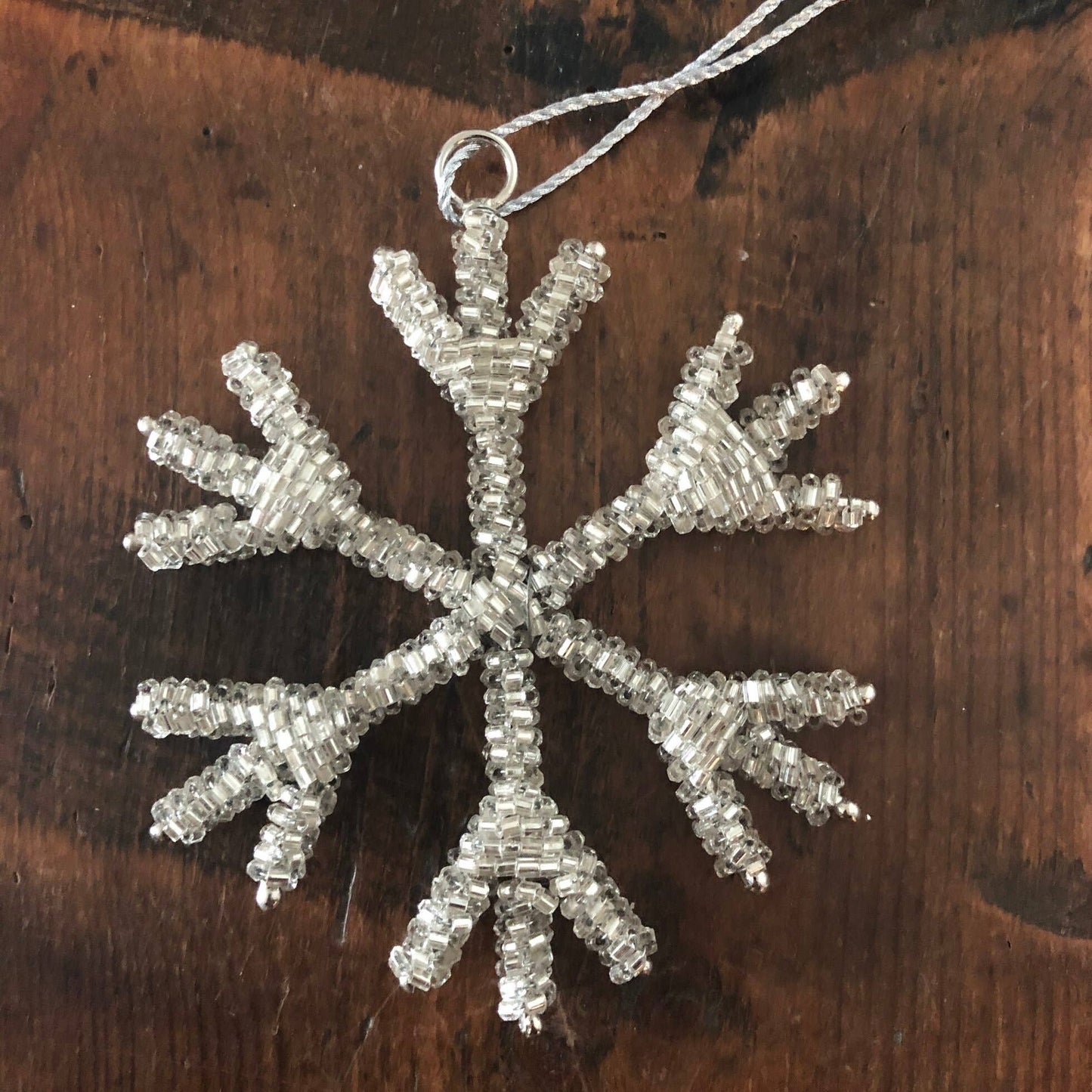 Silver Glass Beaded Medium Snowflake Christmas Decoration