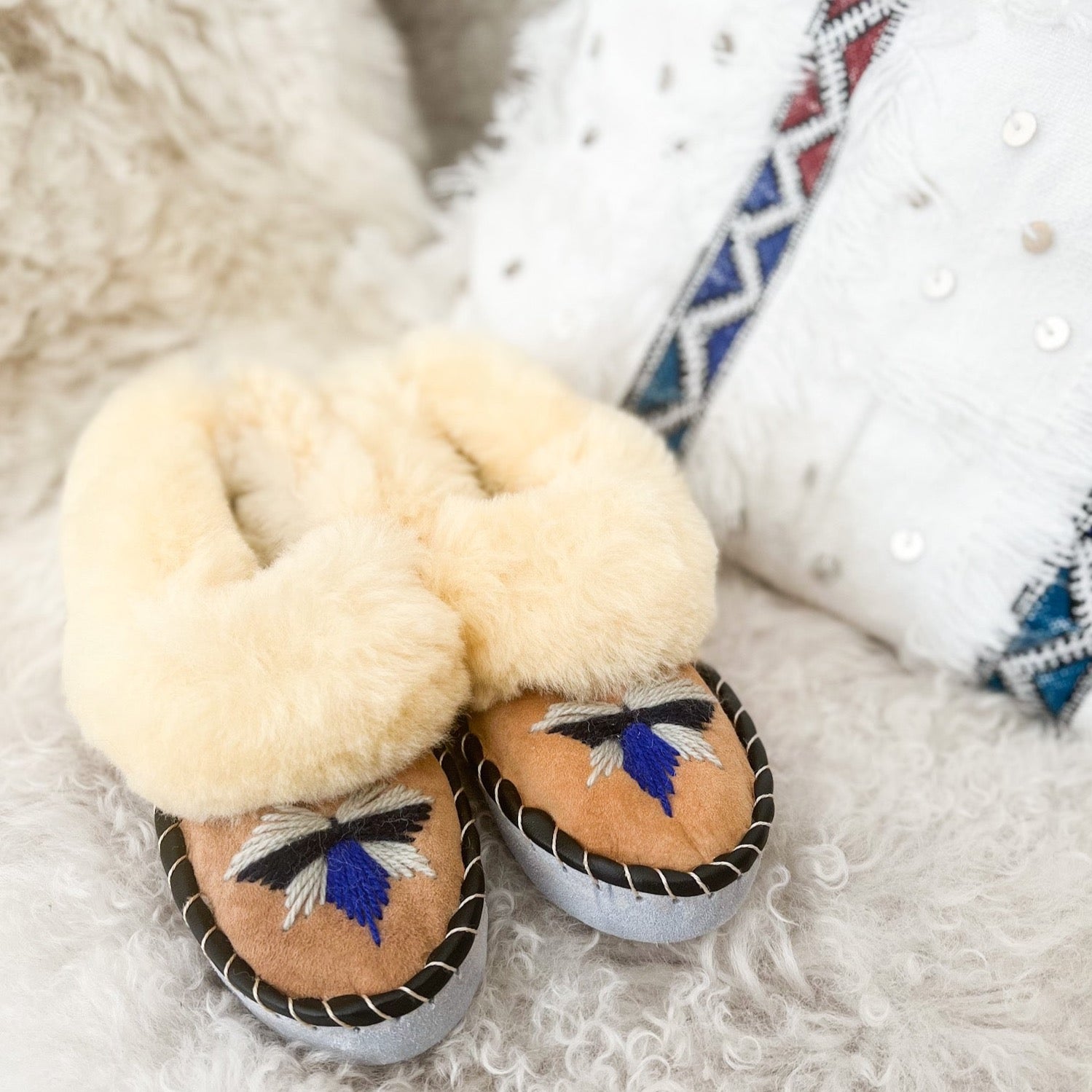 Navy Polish Sheepskin Moccasin Slippers