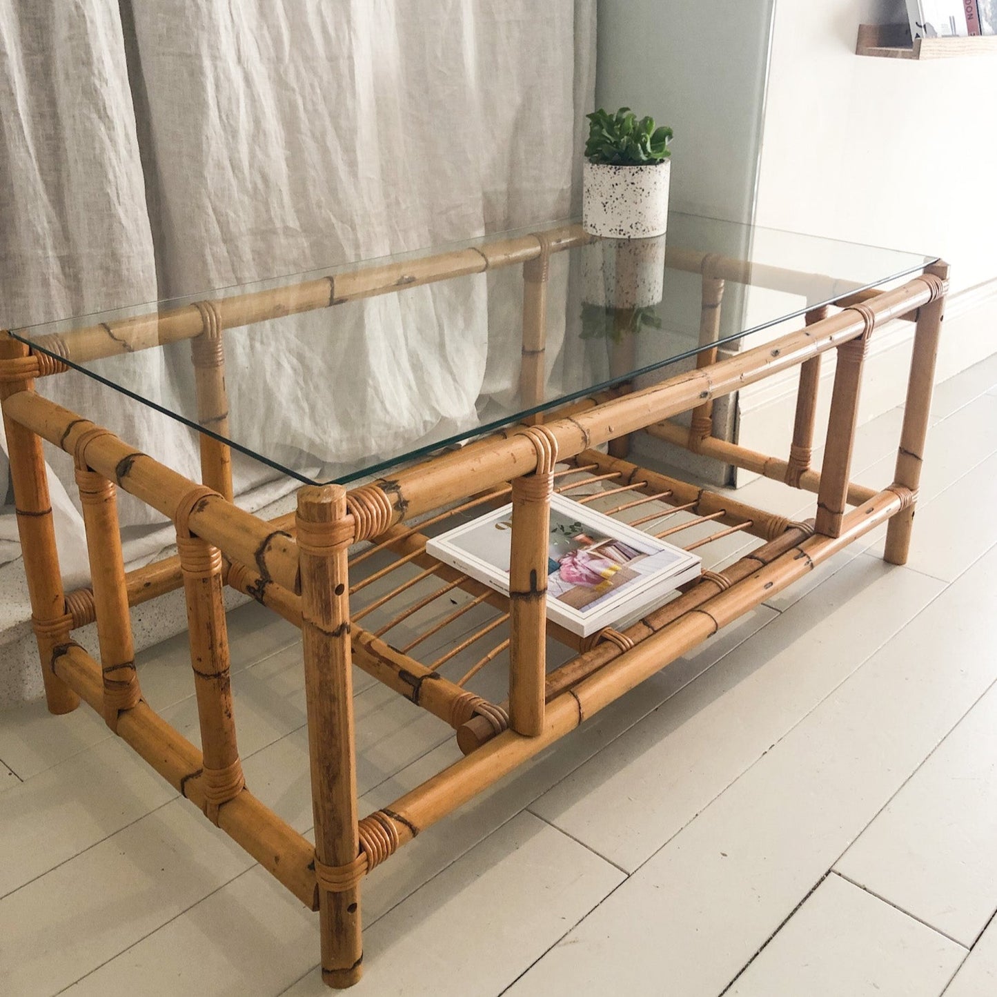 Vintage Glass & Bamboo Coffee Table with Shelf