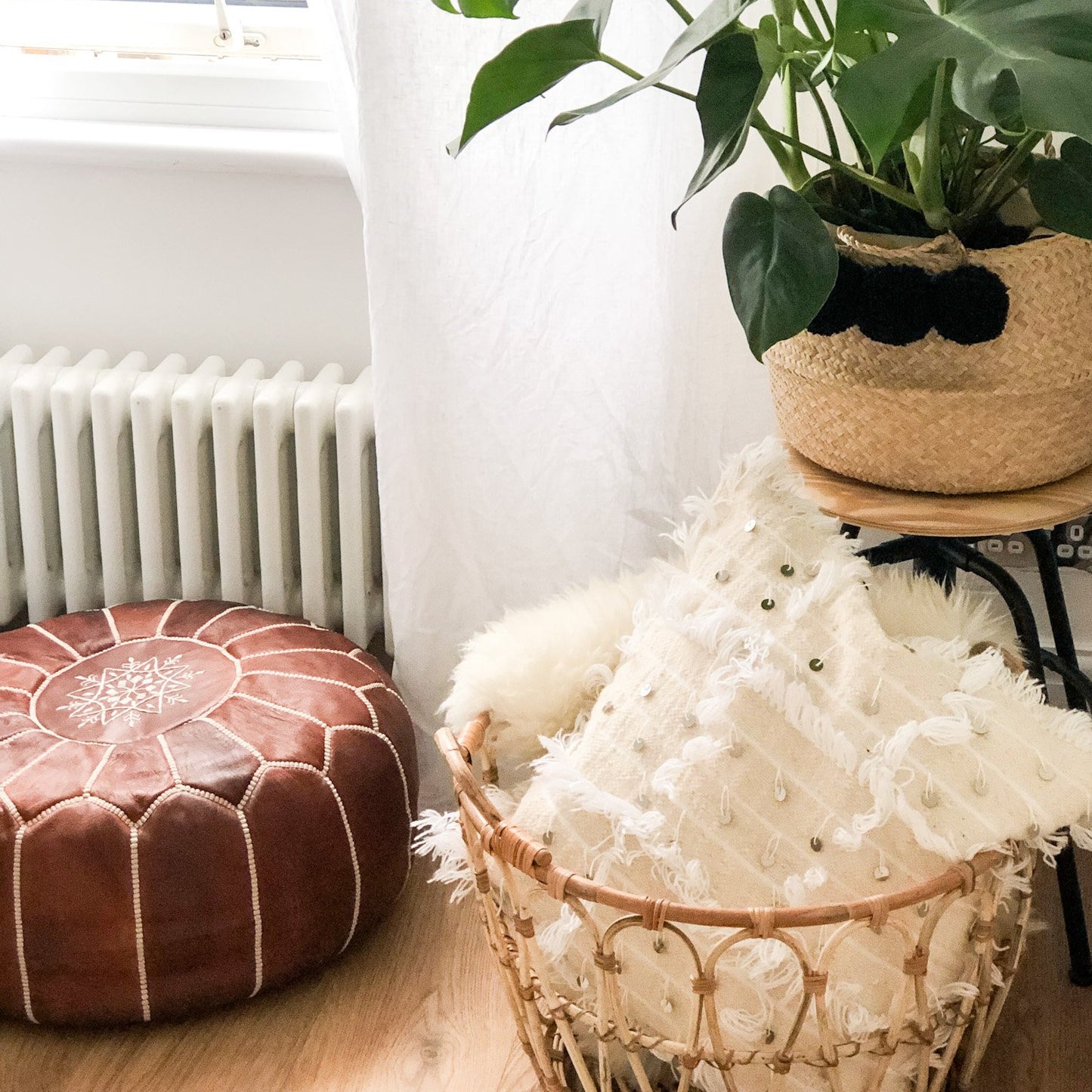 Moroccan Leather Pouffe in Dark Tan
