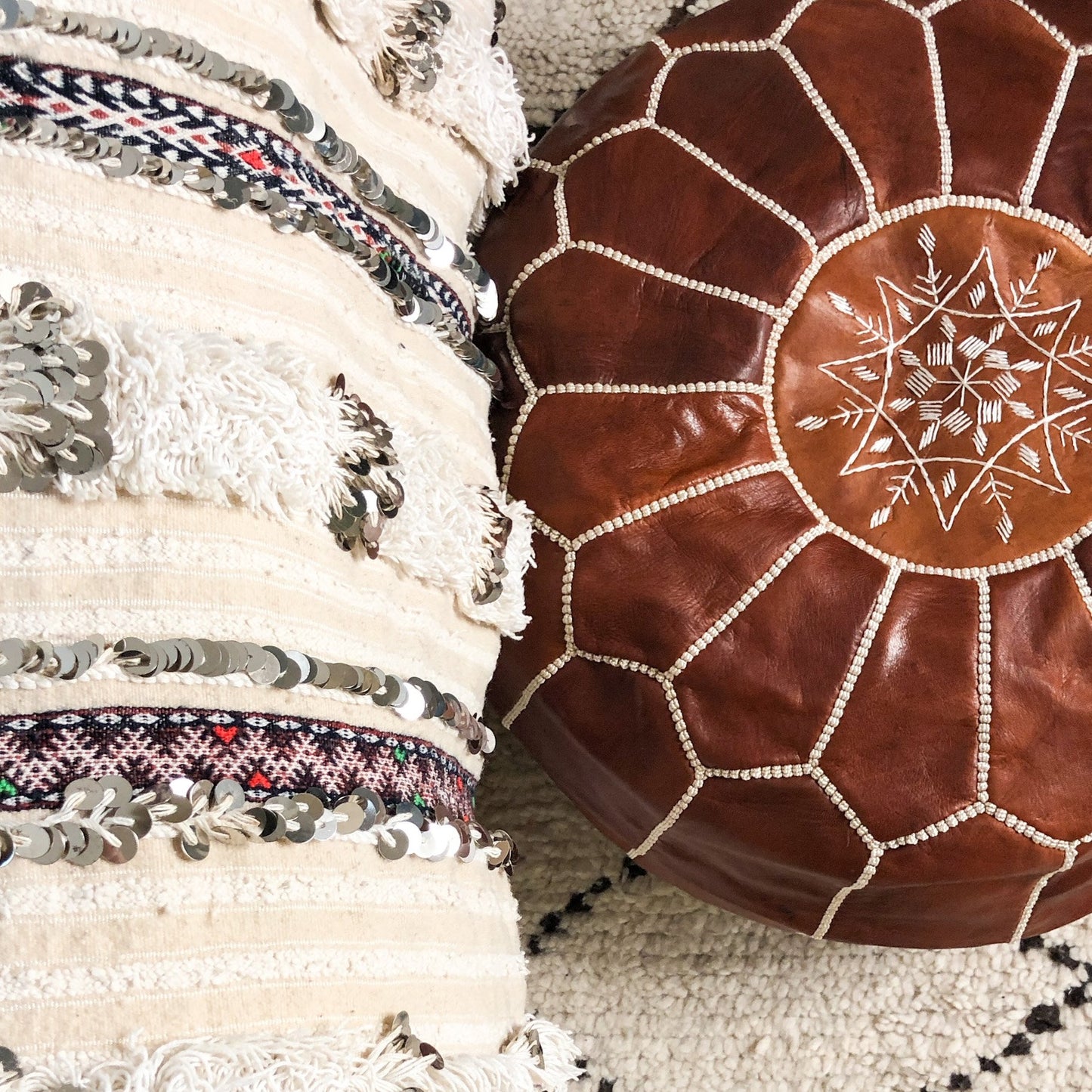 Moroccan Leather Pouffe in Dark Tan