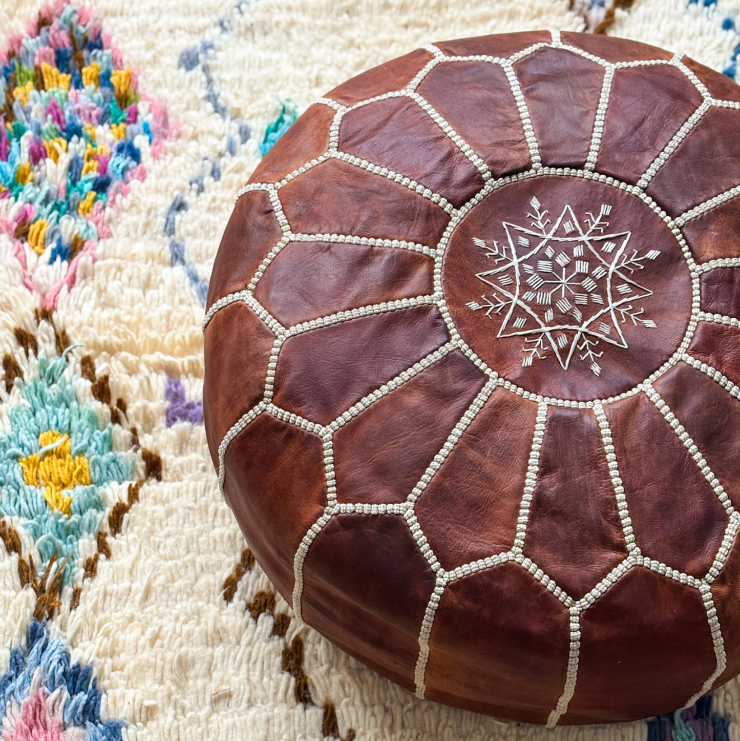 Moroccan Leather Pouffe in Dark Tan