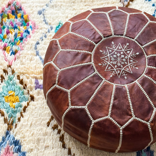 Moroccan Leather Pouffe in Dark Tan