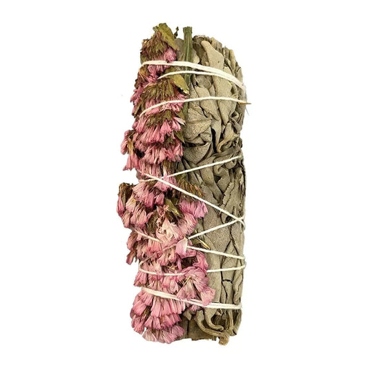 White Sage and Pink Sinuata Smudge Stick 4"