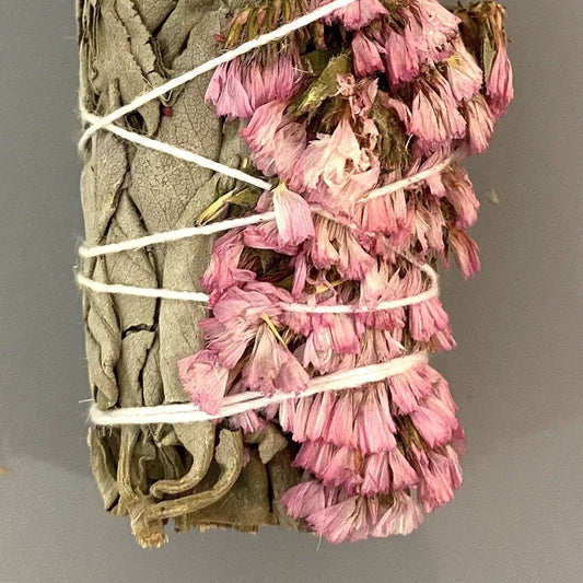 White Sage and Pink Sinuata Smudge Stick 4"