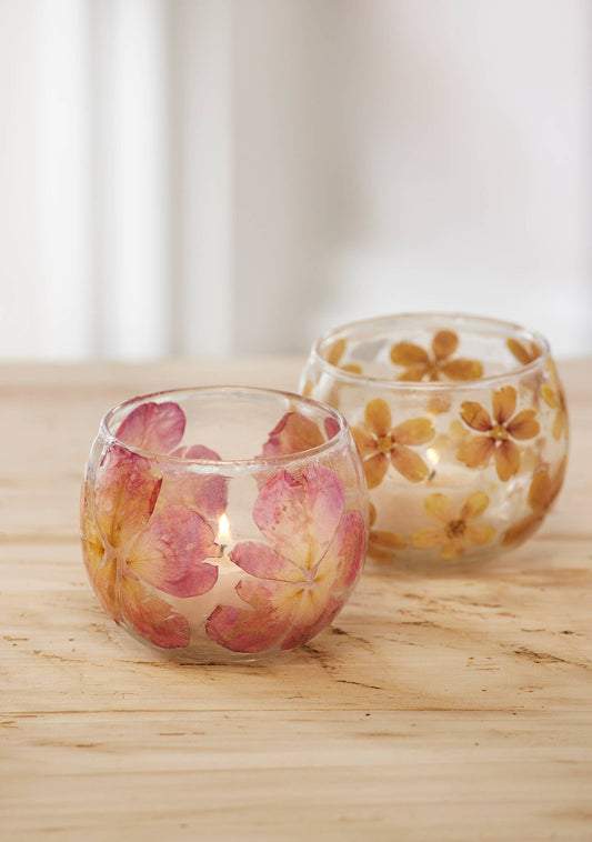 Pressed Flower Glass Tealight Holder - Natural