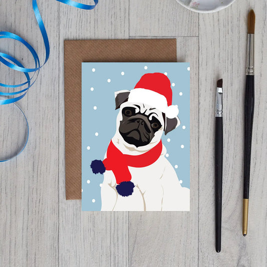 Pug With Santa Hat - Christmas Card By Lorna Syson