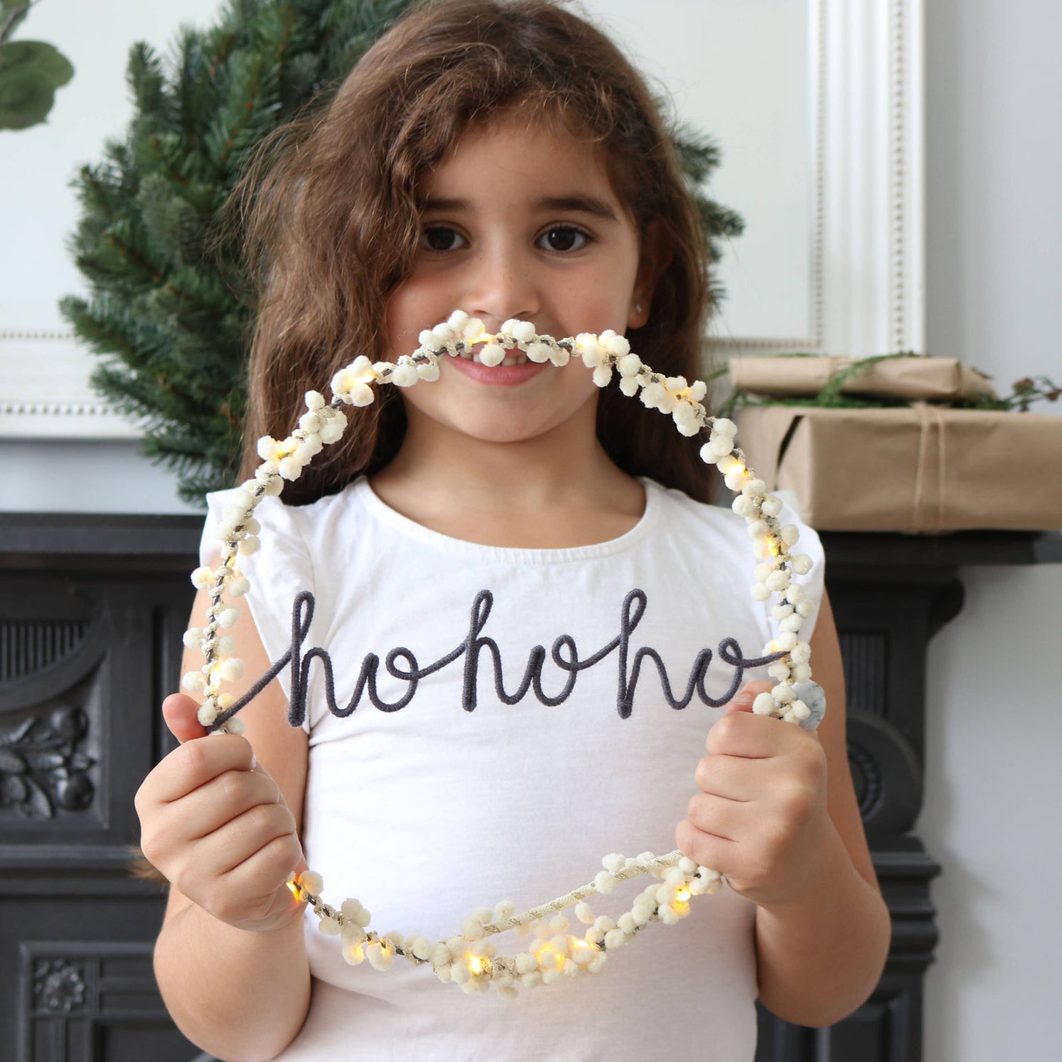 Ho Ho Ho Fairy Light Wreath: Soft White/Warm Grey by Melanie Porter