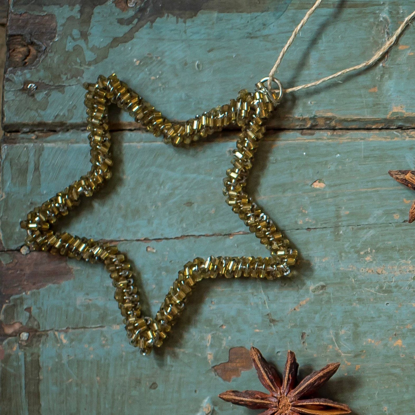 Antique Gold Glass Beaded Star Christmas Decoration
