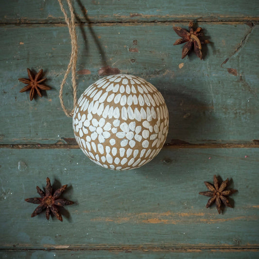 Kraft Papier Mache Baubles with White Decoration PRE ORDER