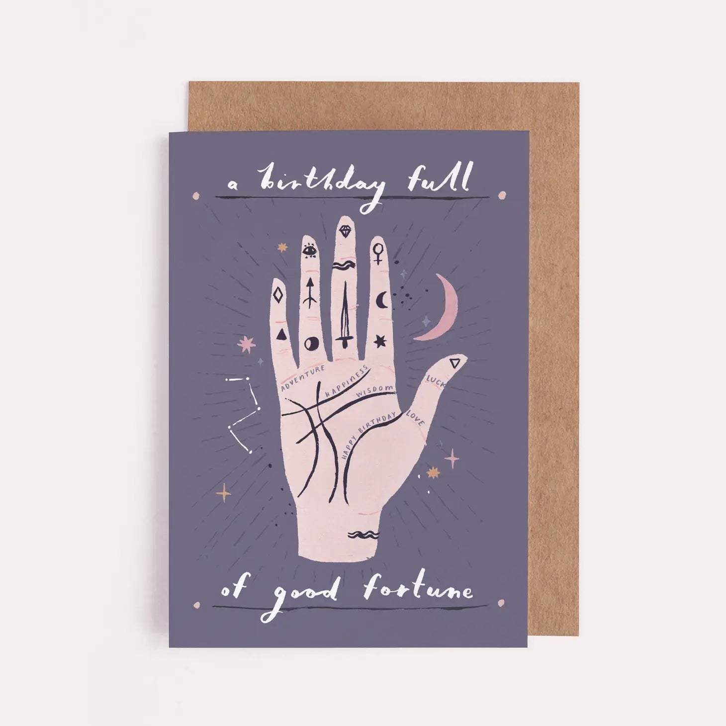 llustrated palmistry birthday card with a birthday full of good fortune' hand lettering.  Birthday card with 100% recycled kraft envelope. Blank inside