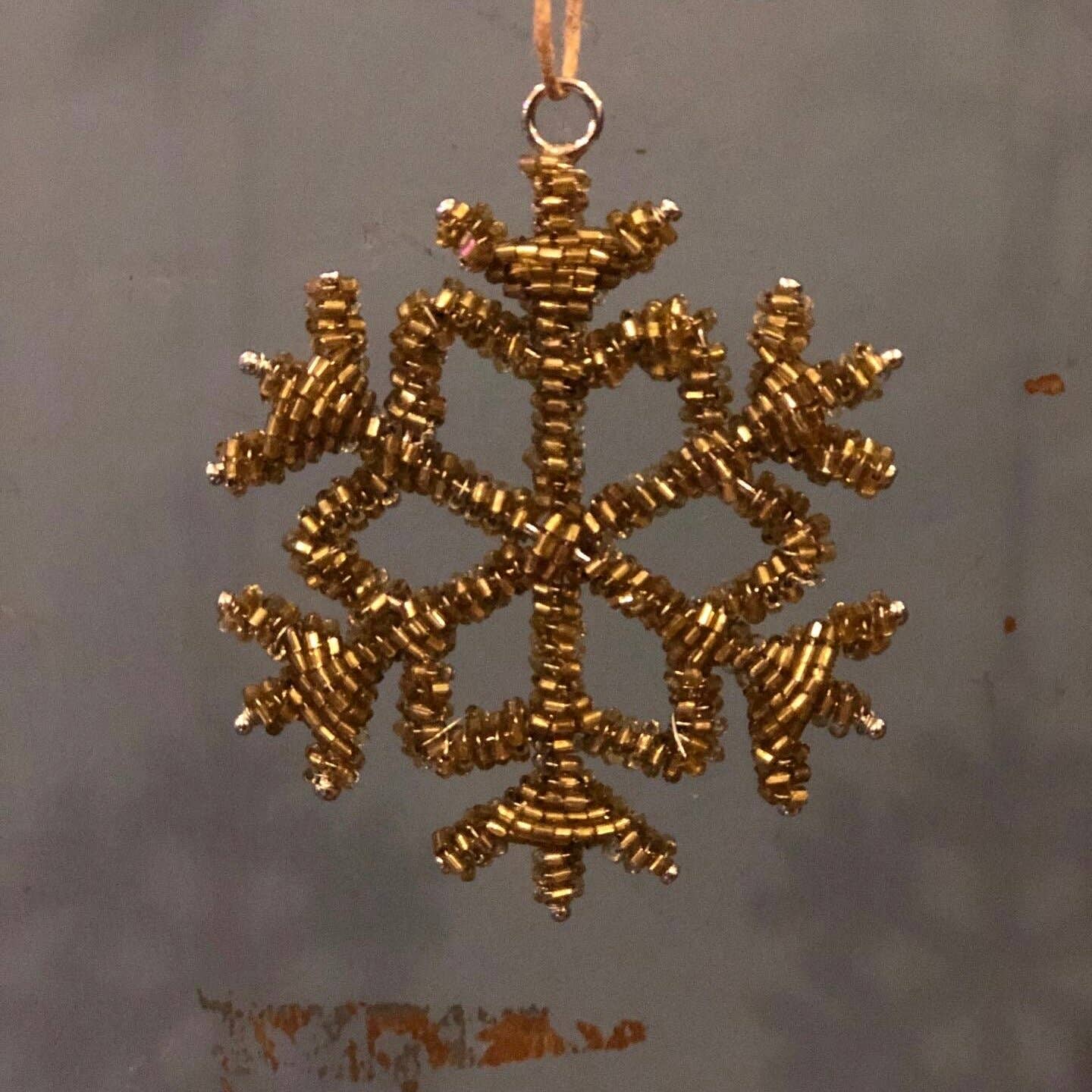 Antique Gold Glass Beaded Snowflake Christmas Decoration