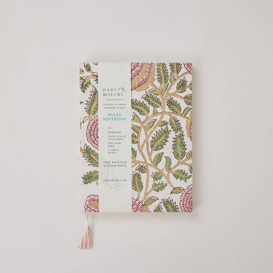 Block Printed Ruled Notebook (A5) - Marigold Glitz Blush By Paper Mirchi