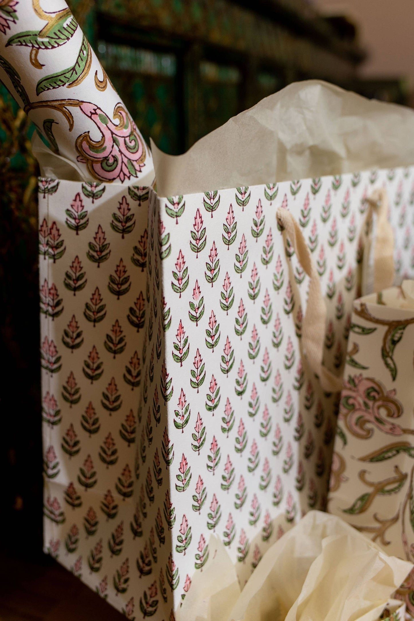 Hand Block Printed Gift Bags (Large) - Blush  By Paper Mirchi