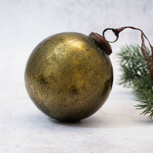 Olive Green Crackle Glass Christmas Bauble