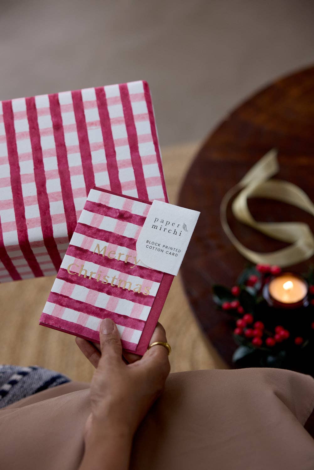 Block Printed Greeting Card - Gingham Christmas Pudding