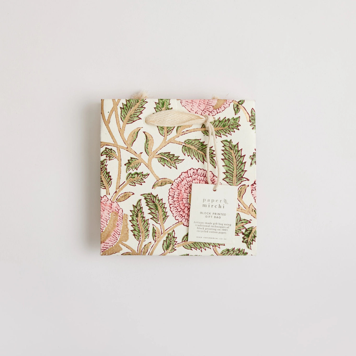 Small Hand Block Printed Gift Bag in Blush By Paper Mirchi