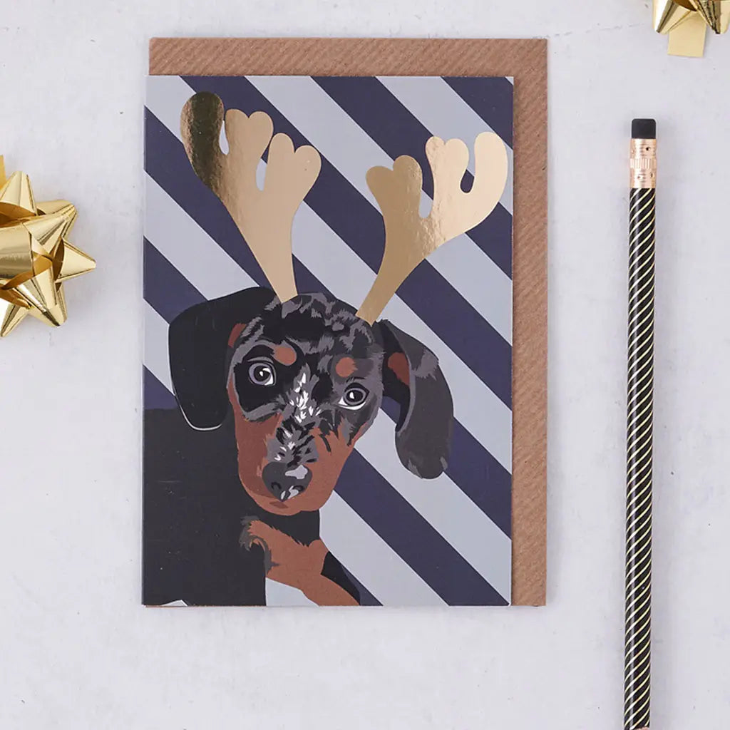 Sausage Dog With Gold Foil Antlers - Christmas Card By Lorna Syson