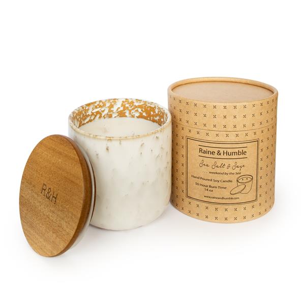 Sea Salt & Sage Natural Wax Candle in Pottery Canister By Raine & Humble