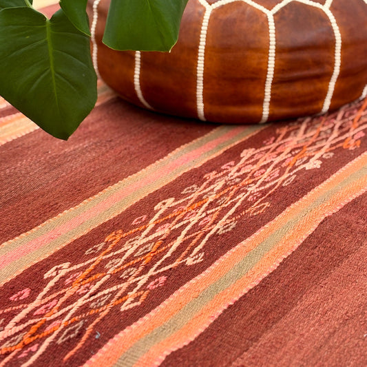 Vintage Moroccan Hanbel Rug – Kilim Style Flatweave in Terracotta & Rose