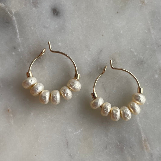 Mini Gold Filled Hoops Earrings with Pearl Style Glass Beads