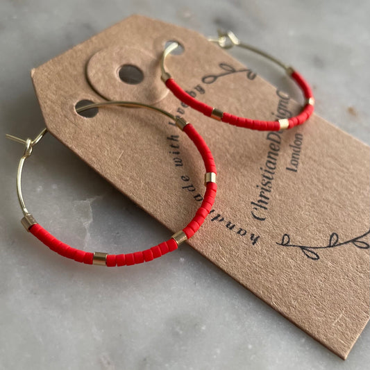 Large Gold Plated Hoop Earrings with Red Miyuki Glass Beads