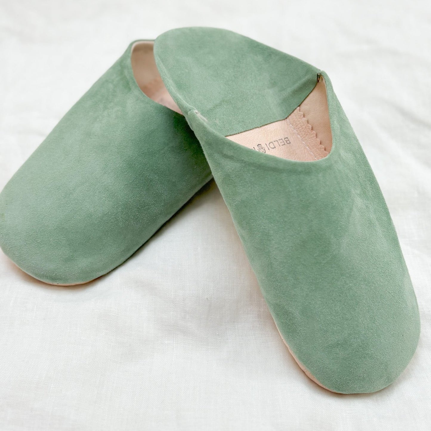 Moroccan Babouche Suede Slippers in Mint