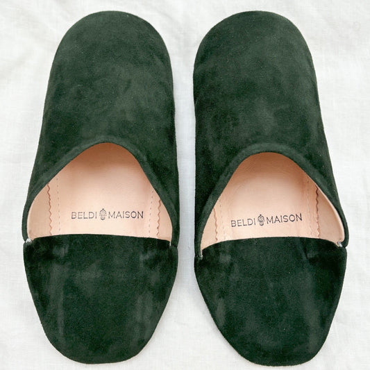 Moroccan Babouche Suede Slippers in Forest
