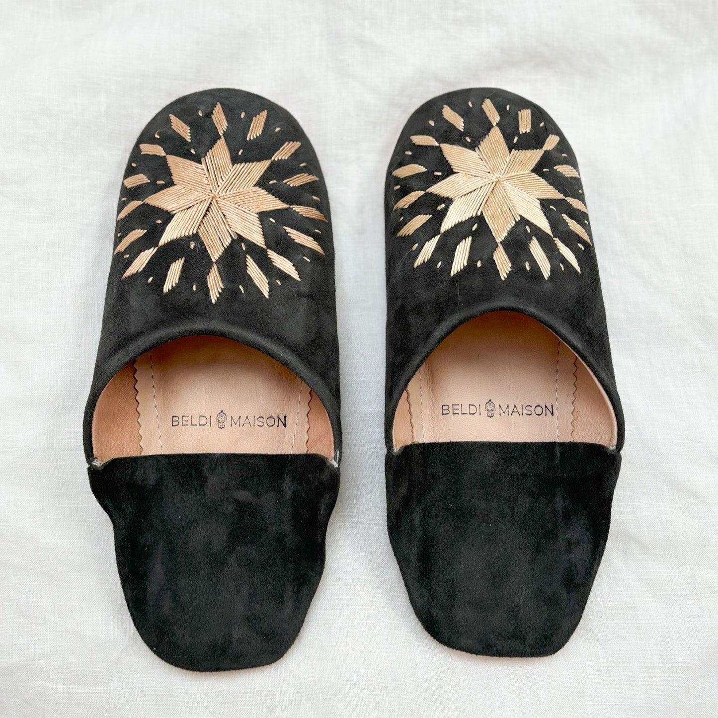 Embroidered Moroccan Babouche Suede Slippers in Indigo
