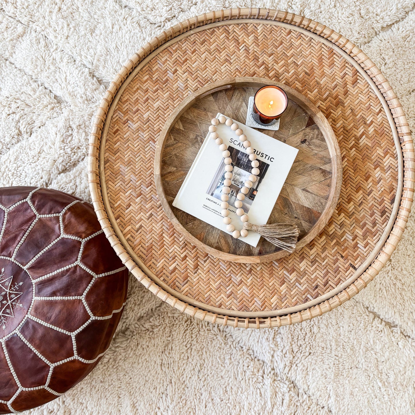 Moroccan Leather Pouffe in Dark Tan