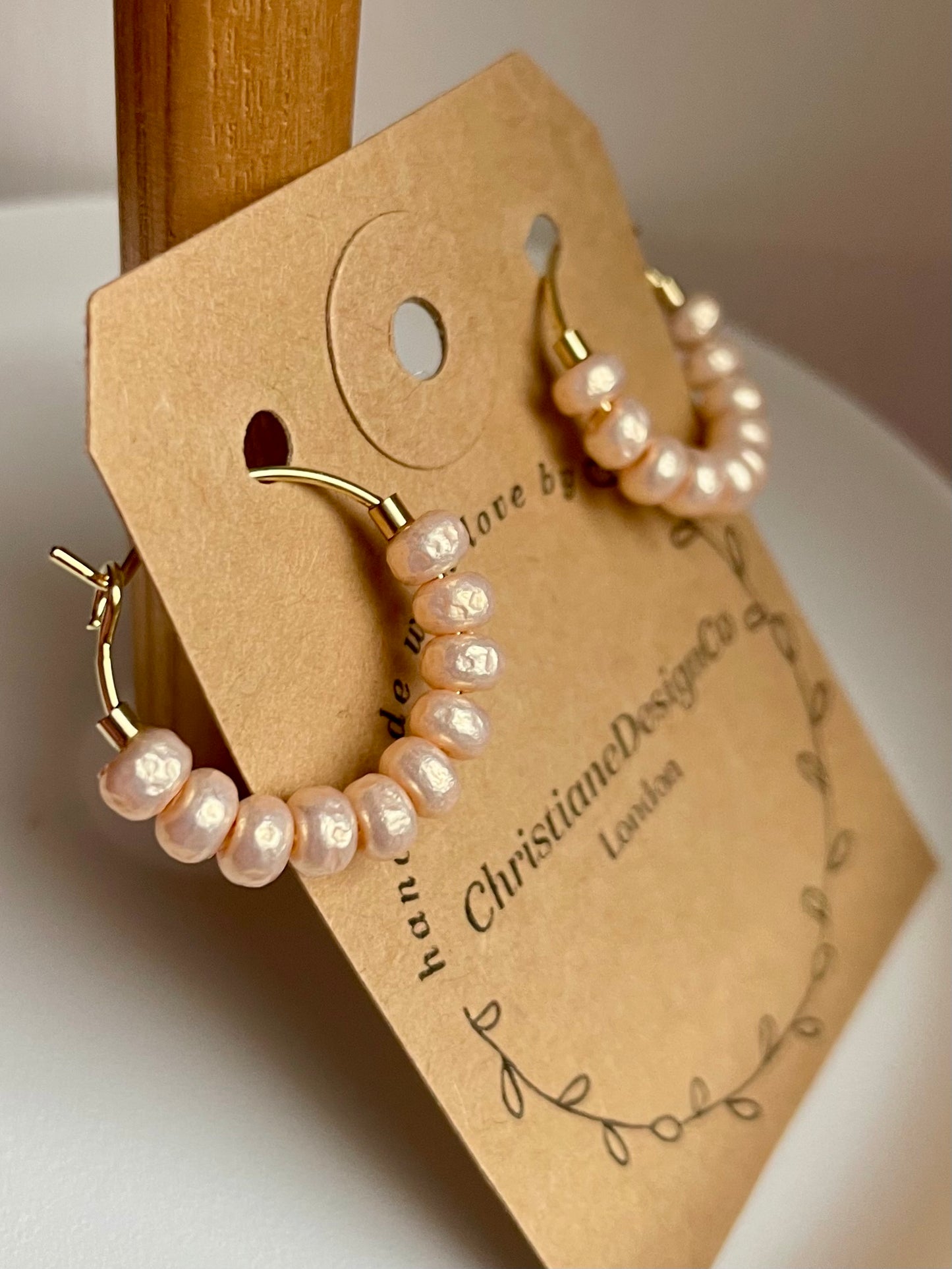 Medium Gold Plated Hoop Earrings with Pink Pearl Style Glass Beads