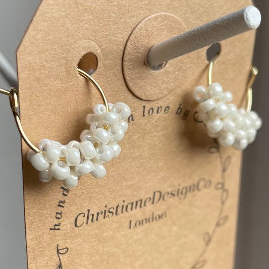 Small Gold Plated Hoop Earrings with Knitted White Miyuki Glass Beads