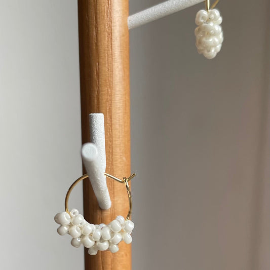 Small Gold Plated Hoops Earrings with Knitted White Miyuki Glass Beads