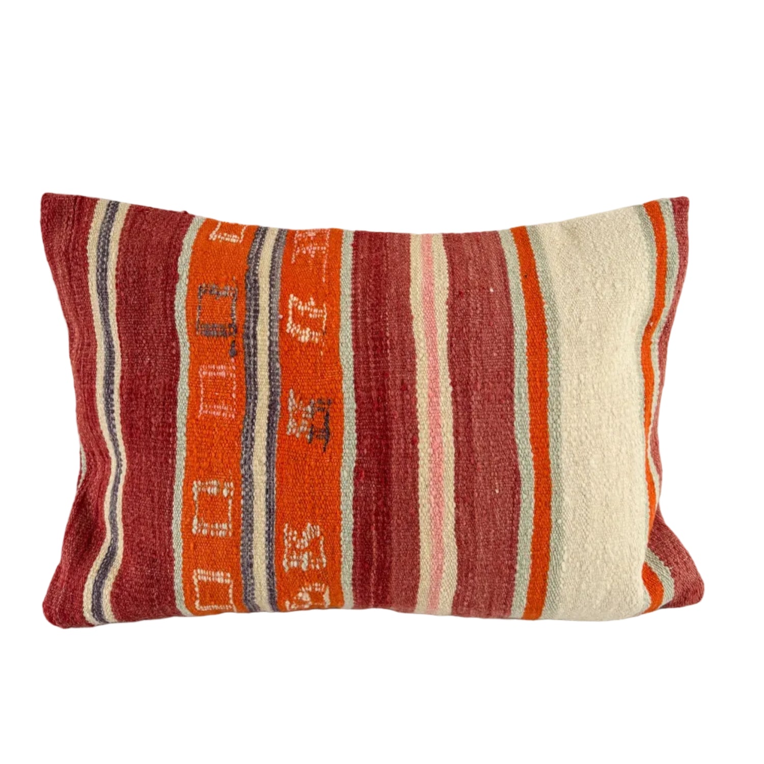 Striped pillow with red, orange, and beige colors on a white background