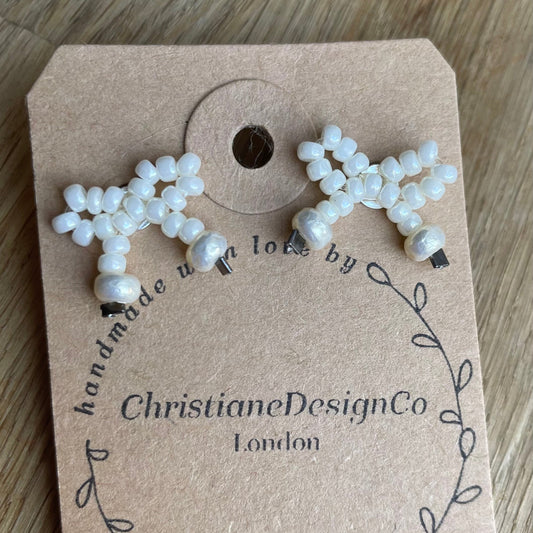 Sterling Silver Mini Bow Stud Earrings with Pearl Style Glass Beads