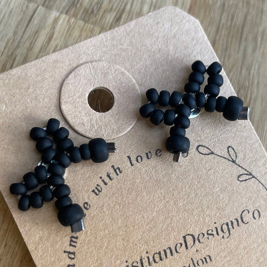 Sterling Silver Mini Bow Stud Earrings with Coal Black Glass Beads