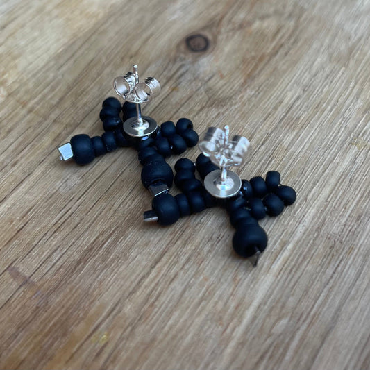 Sterling Silver Mini Bow Stud Earrings with Coal Black Glass Beads