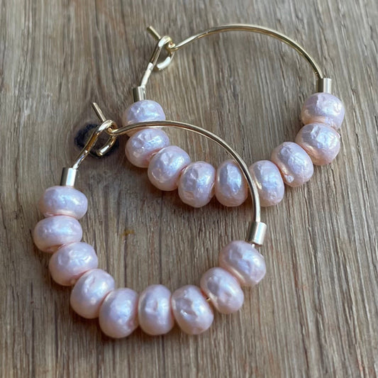 Medium Gold Plated Hoop Earrings with Pink Pearl Style Glass Beads